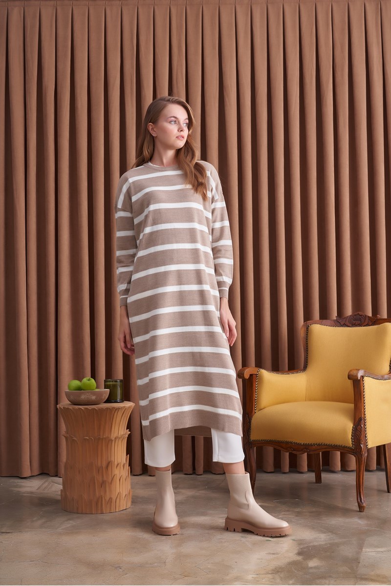 Qanu Basic Çizgili Triko Vizon