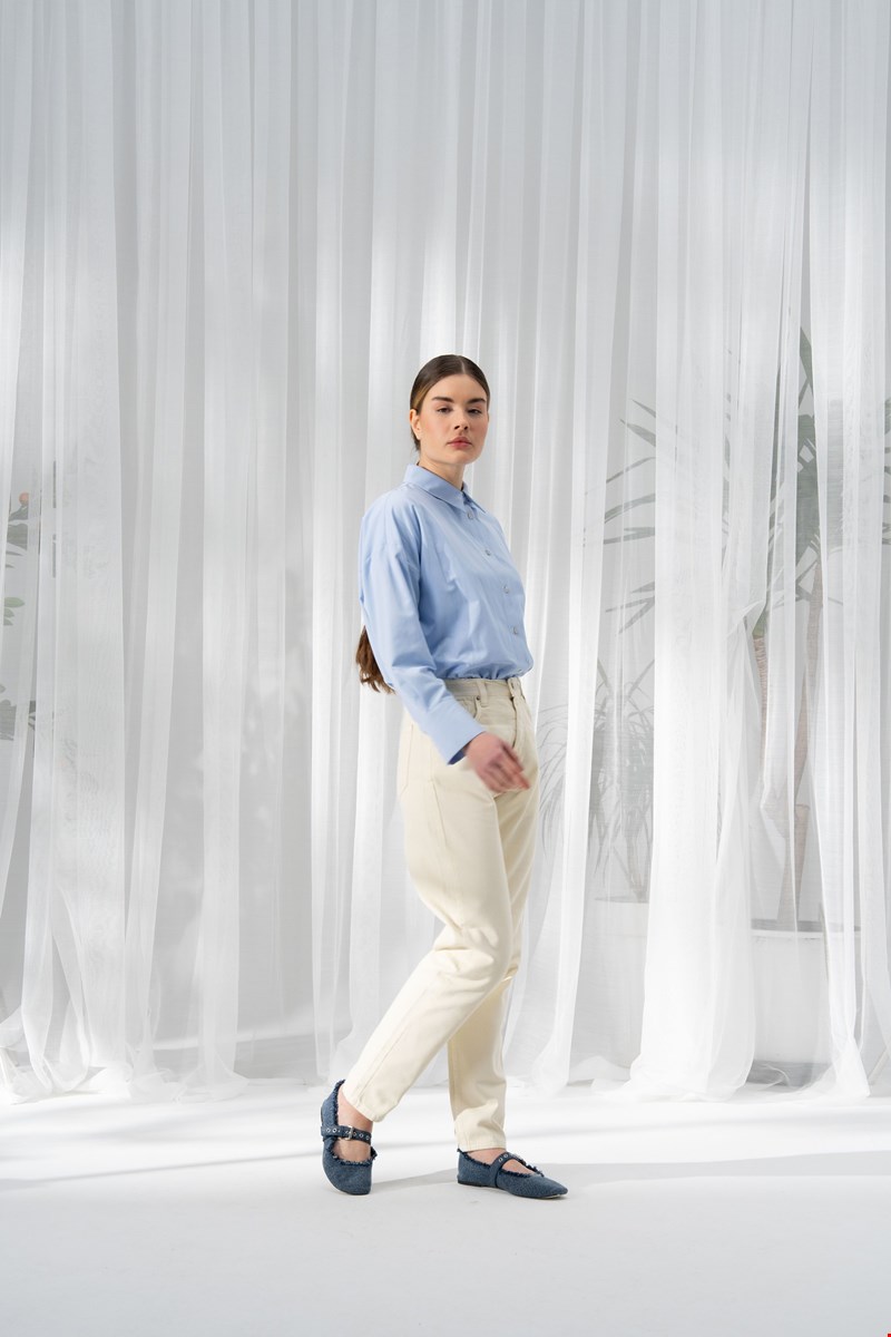 Qanu Beli Lastikli Denim Pantolon Beyaz