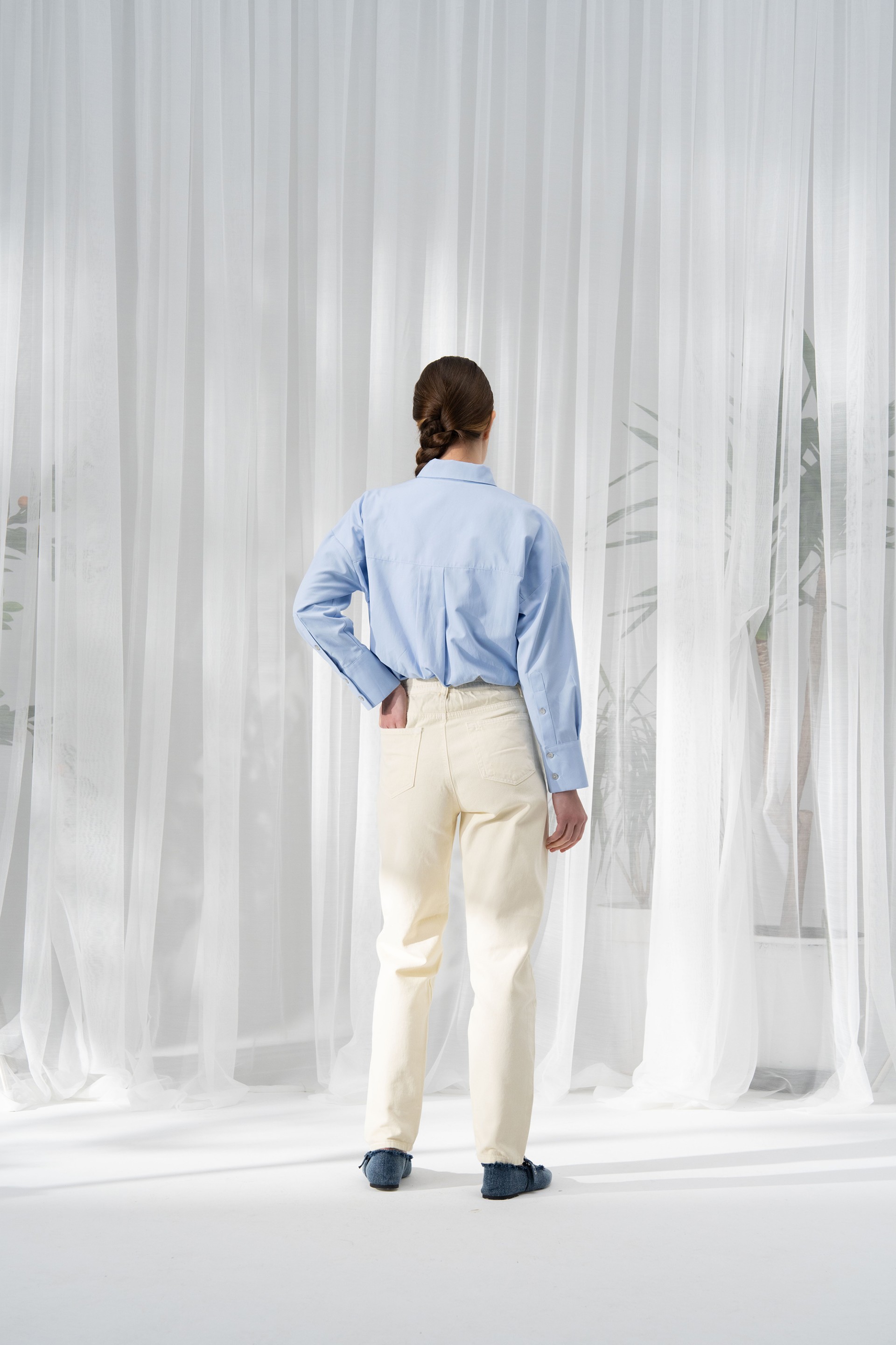 Qanu Beli Lastikli Denim Pantolon Beyaz