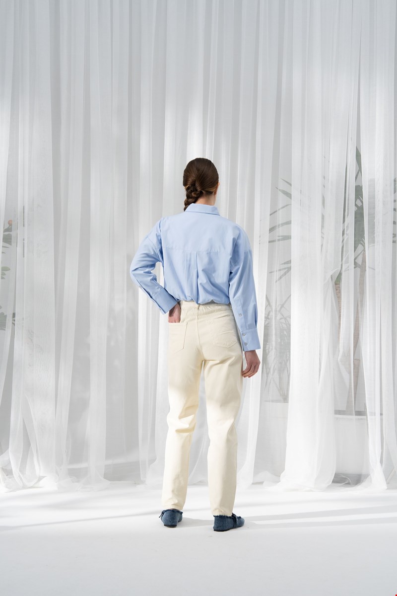 Qanu Beli Lastikli Denim Pantolon Beyaz