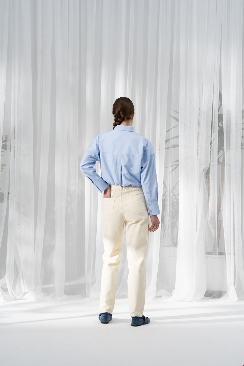Qanu Beli Lastikli Denim Pantolon Beyaz