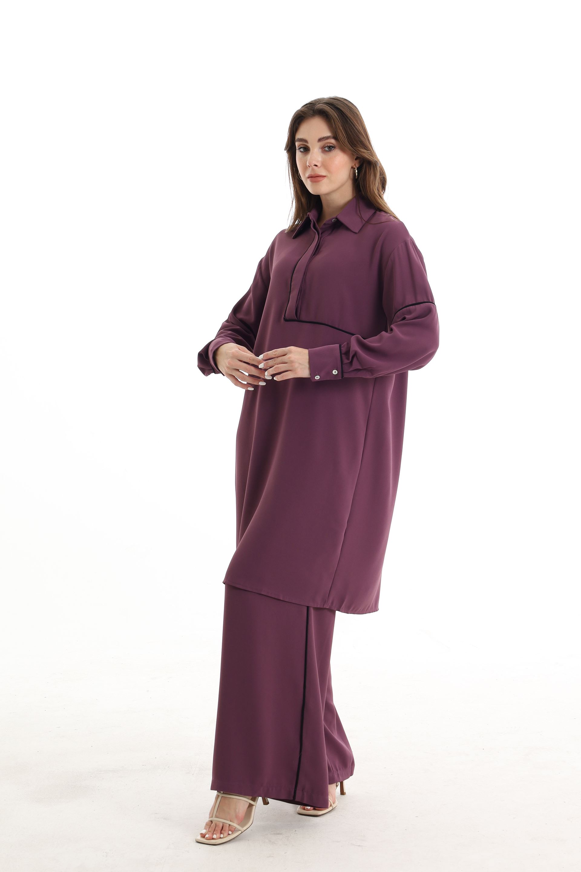 Qanu Beli Lastikli Krep Pantolon Mor