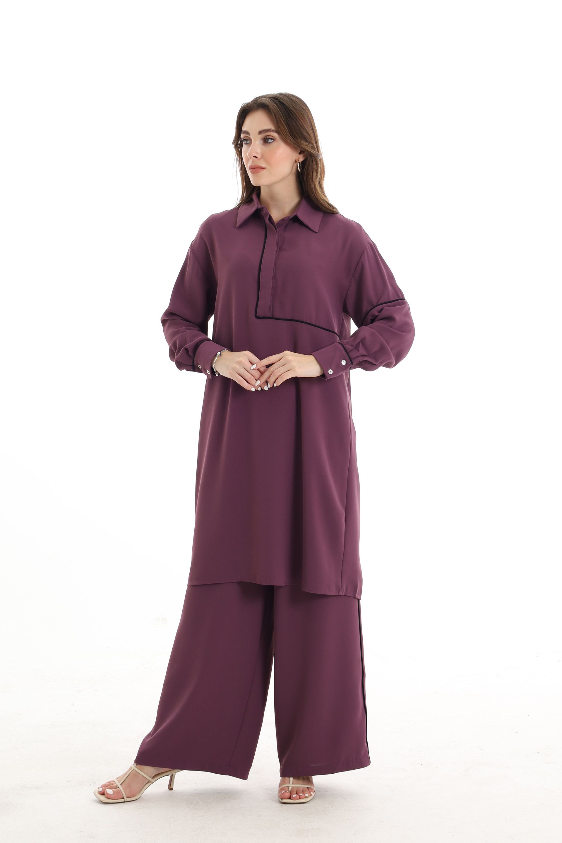 Qanu Beli Lastikli Krep Pantolon Mor