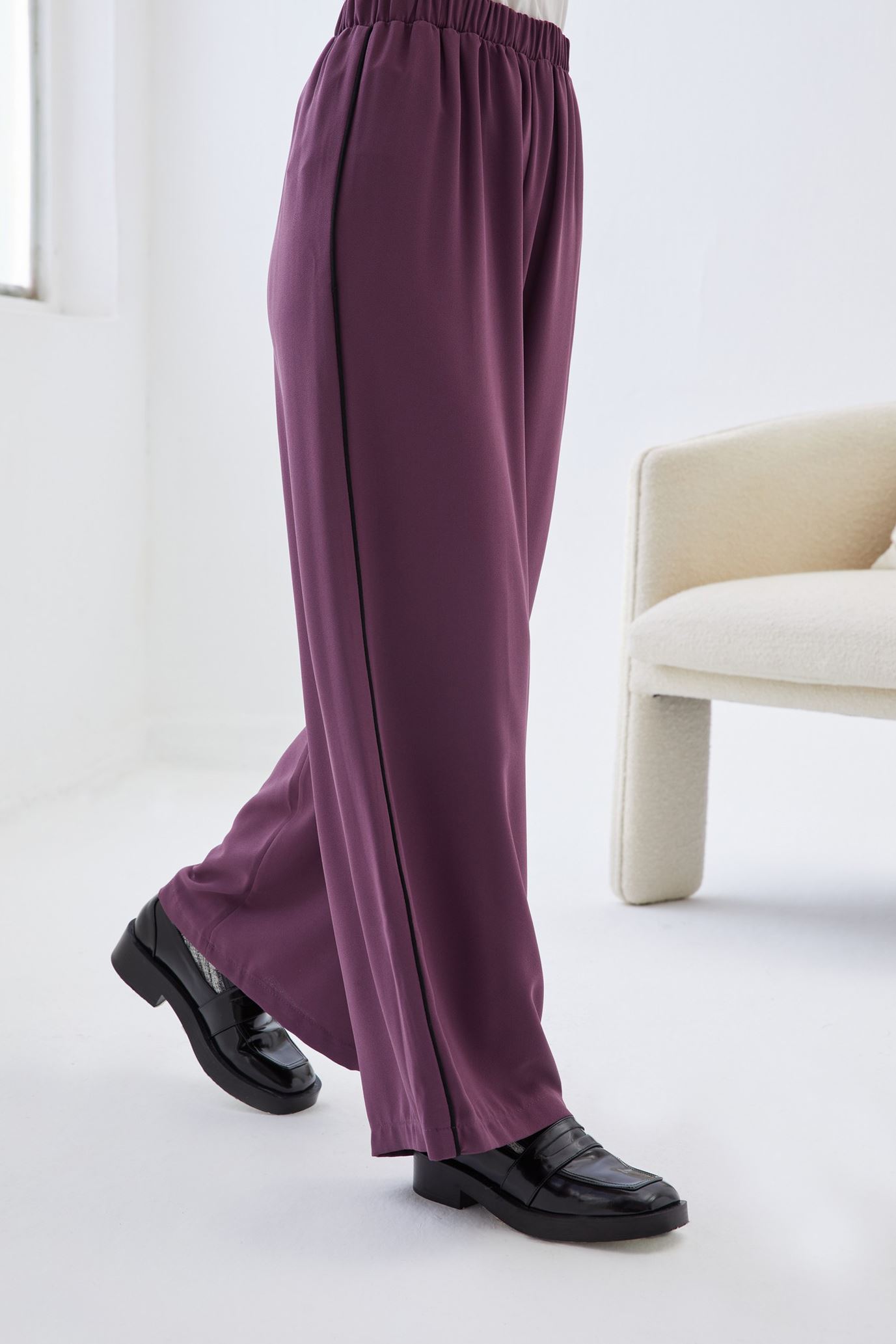 Qanu Beli Lastikli Krep Pantolon Mor