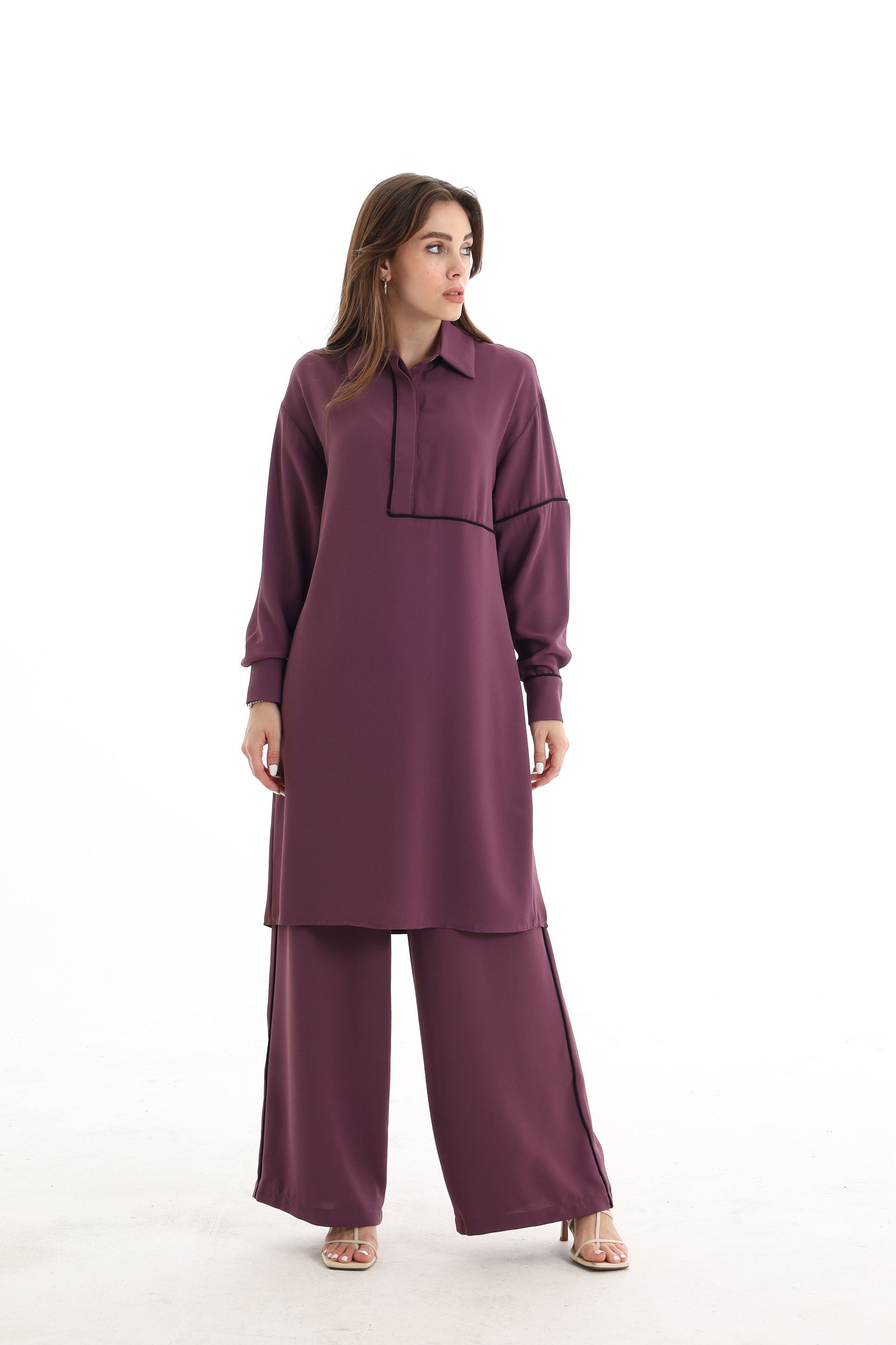 Qanu Beli Lastikli Krep Pantolon Mor