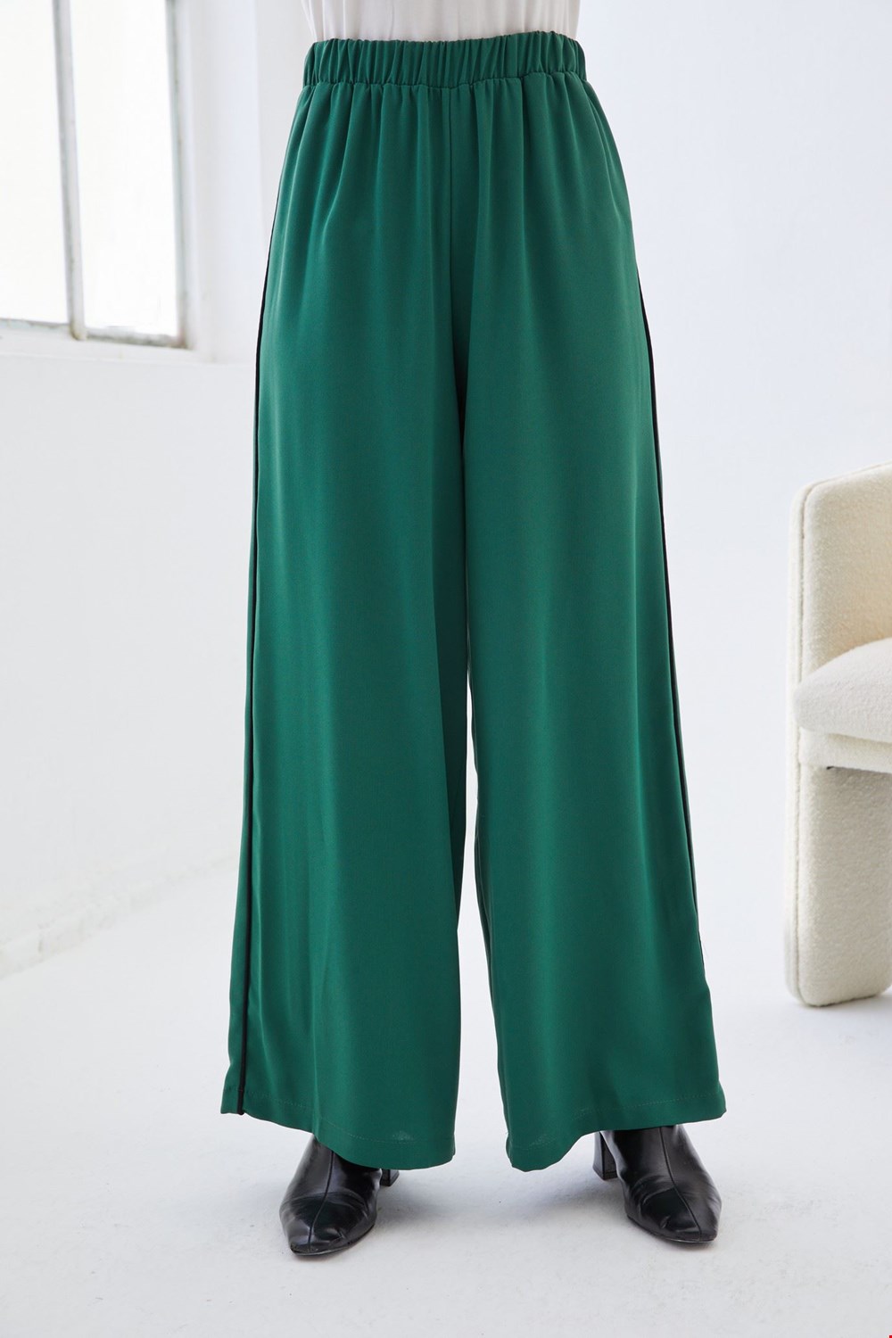 Qanu Beli Lastikli Krep Pantolon Yeşil