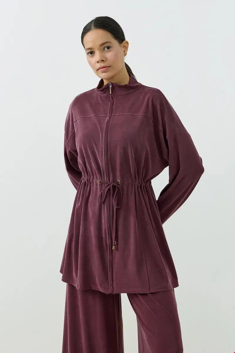 Qanu Fermuarlı Modal Sweatshirt Takım Mürdüm