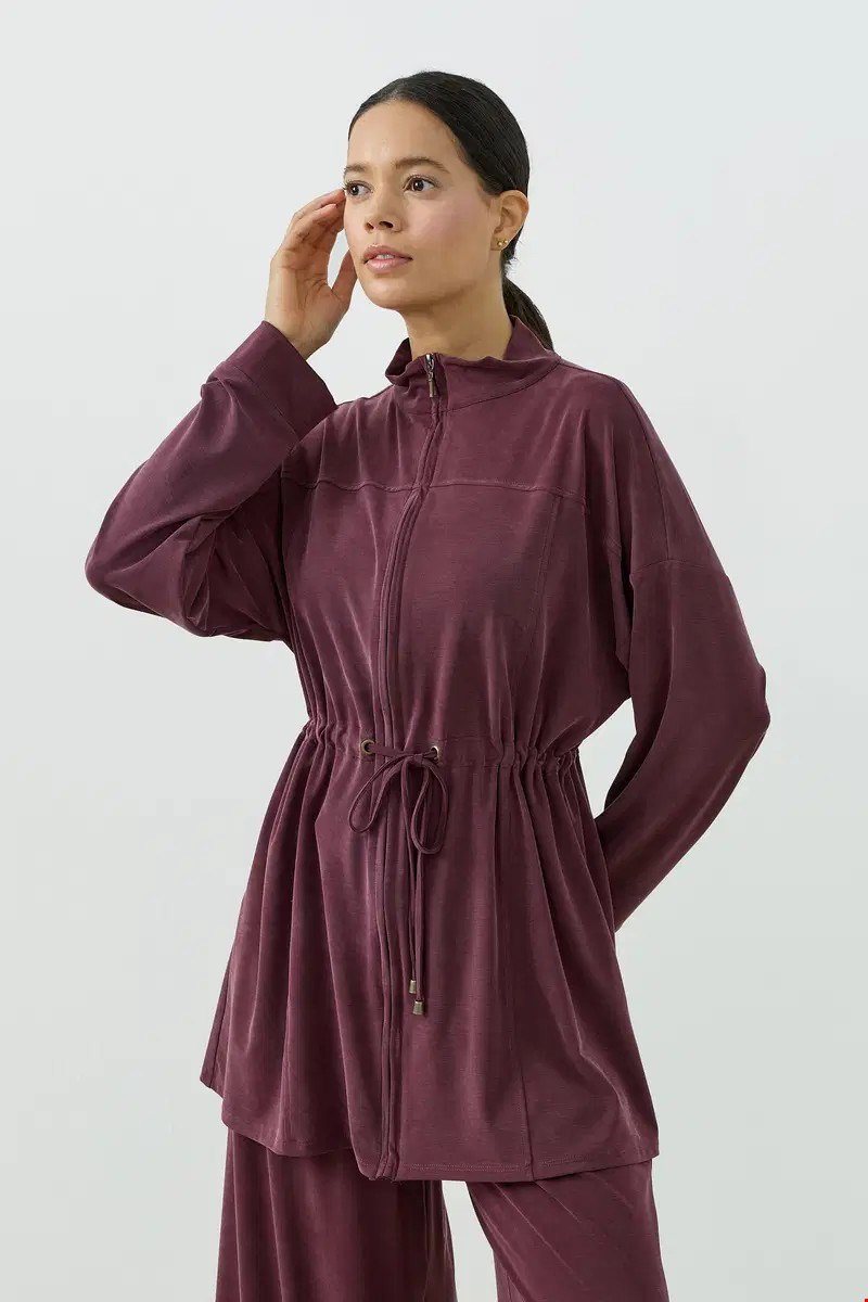 Qanu Fermuarlı Modal Sweatshirt Takım Mürdüm