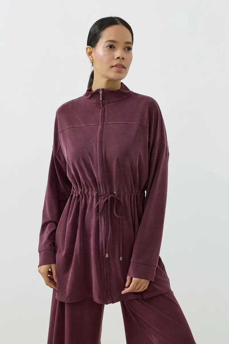 Qanu Fermuarlı Modal Sweatshirt Takım Mürdüm