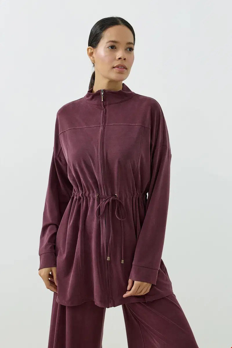 Qanu Fermuarlı Modal Sweatshirt Takım Mürdüm