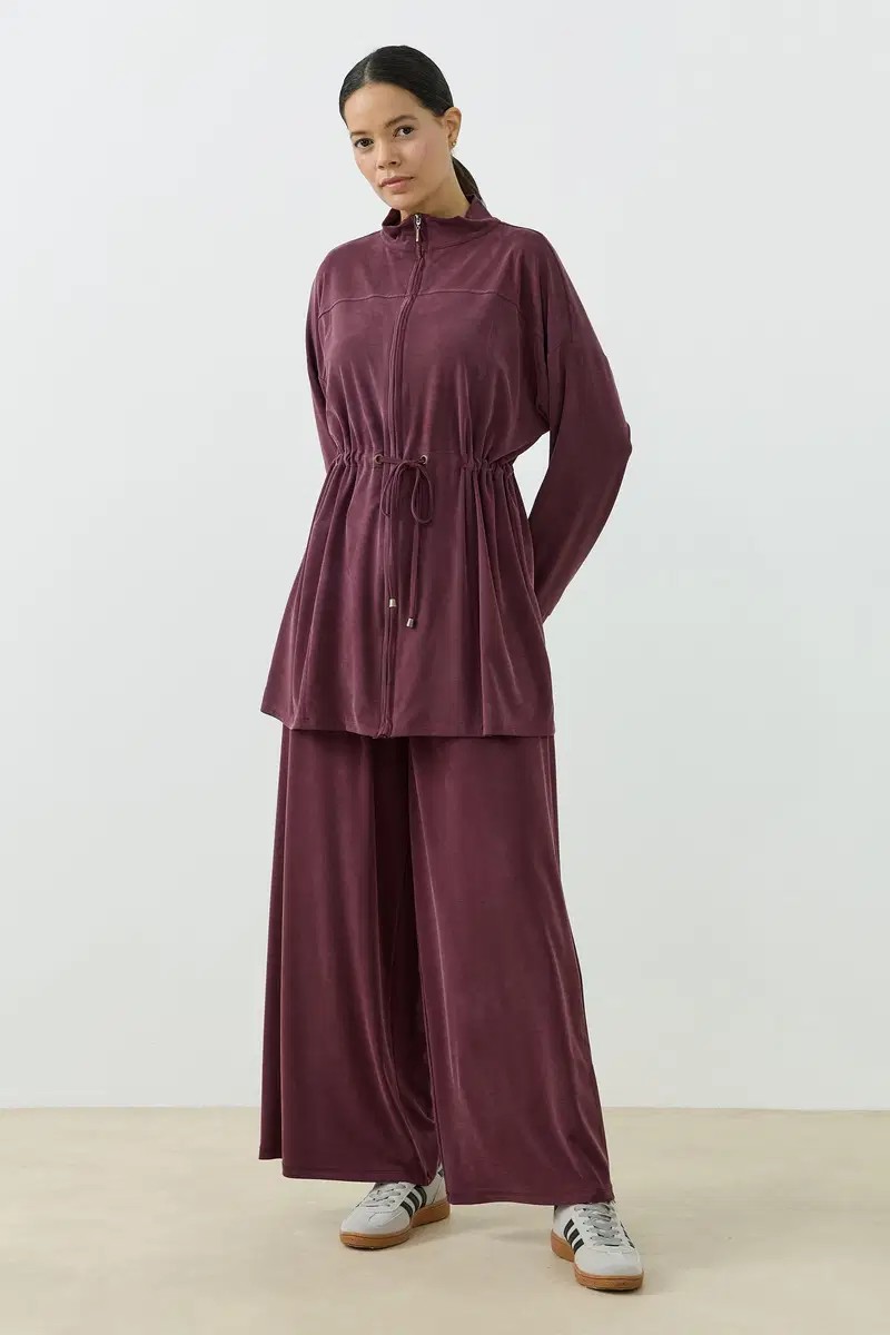 Qanu Fermuarlı Modal Sweatshirt Takım Mürdüm