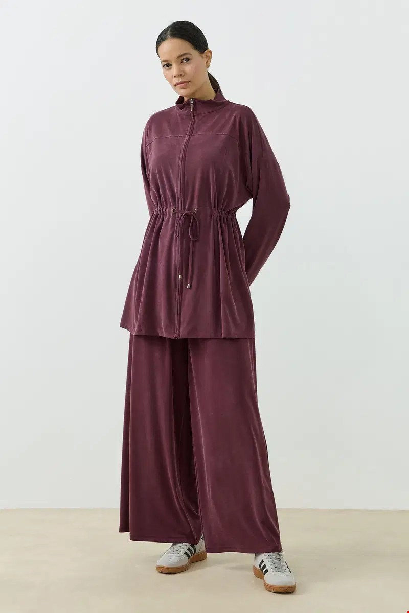 Qanu Fermuarlı Modal Sweatshirt Takım Mürdüm