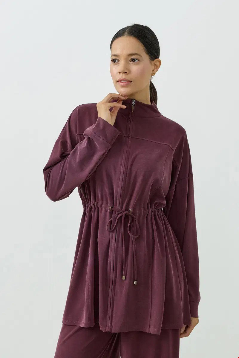 Qanu Fermuarlı Modal Sweatshirt Takım Mürdüm