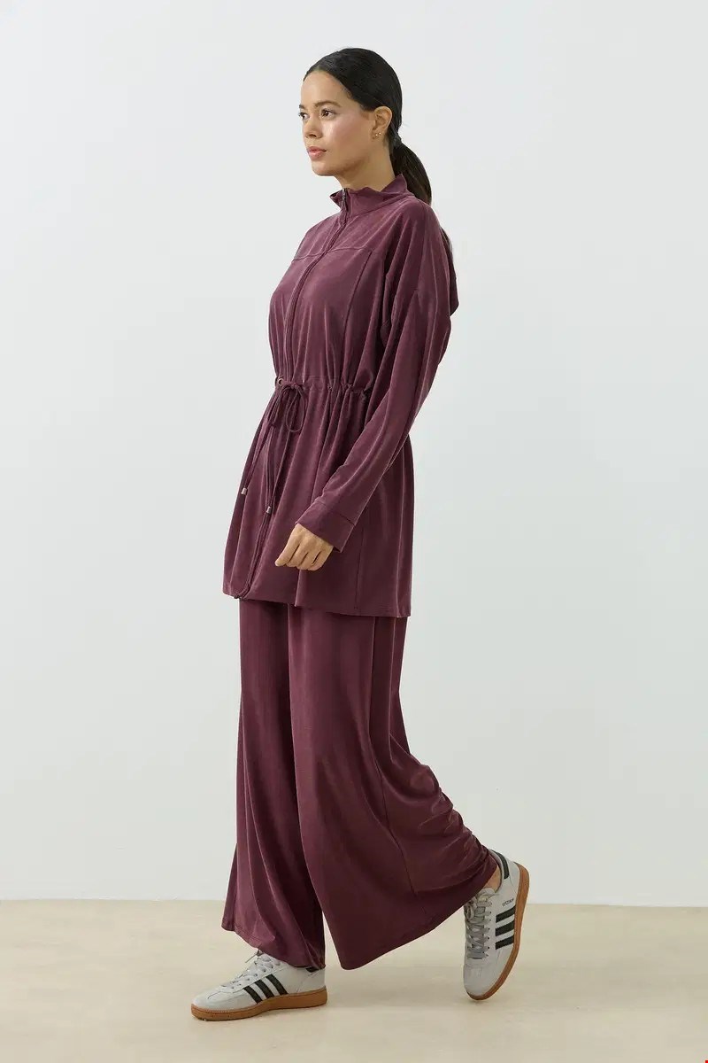 Qanu Fermuarlı Modal Sweatshirt Takım Mürdüm
