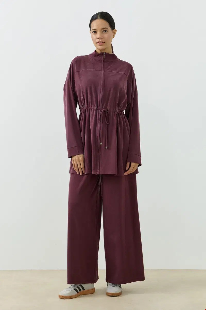 Qanu Fermuarlı Modal Sweatshirt Takım Mürdüm