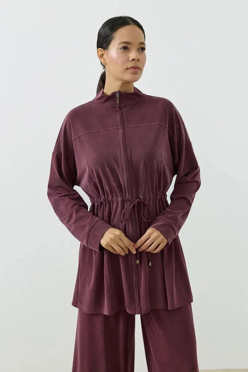 Qanu Fermuarlı Modal Sweatshirt Takım Mürdüm