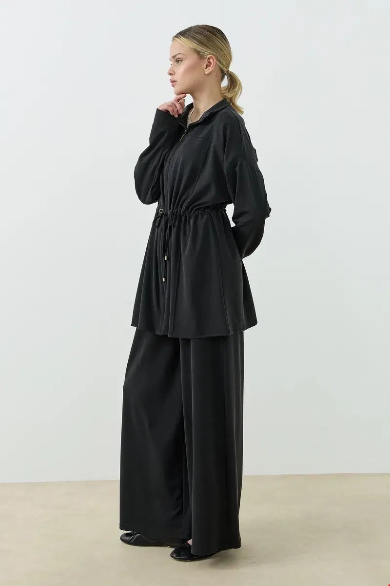 Qanu Fermuarlı Modal Sweatshirt Takım Siyah 