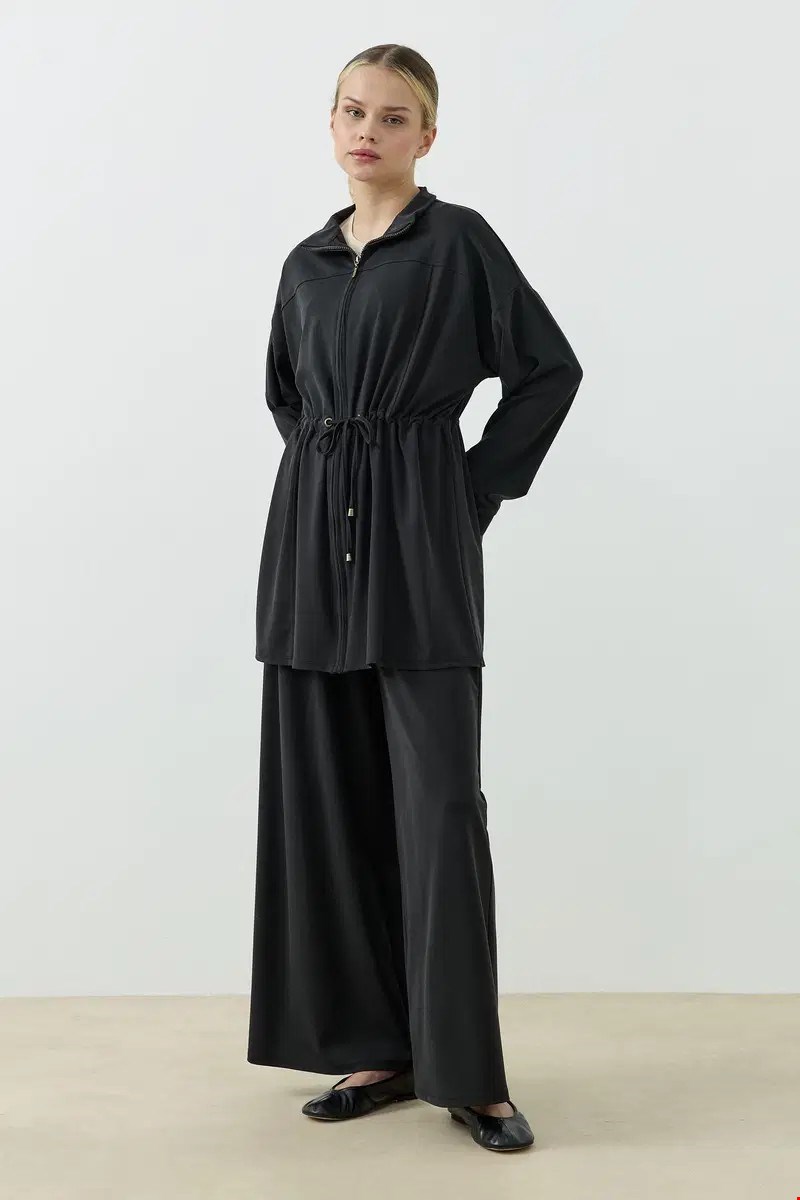Qanu Fermuarlı Modal Sweatshirt Takım Siyah 