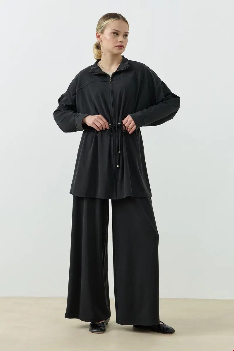 Qanu Fermuarlı Modal Sweatshirt Takım Siyah 