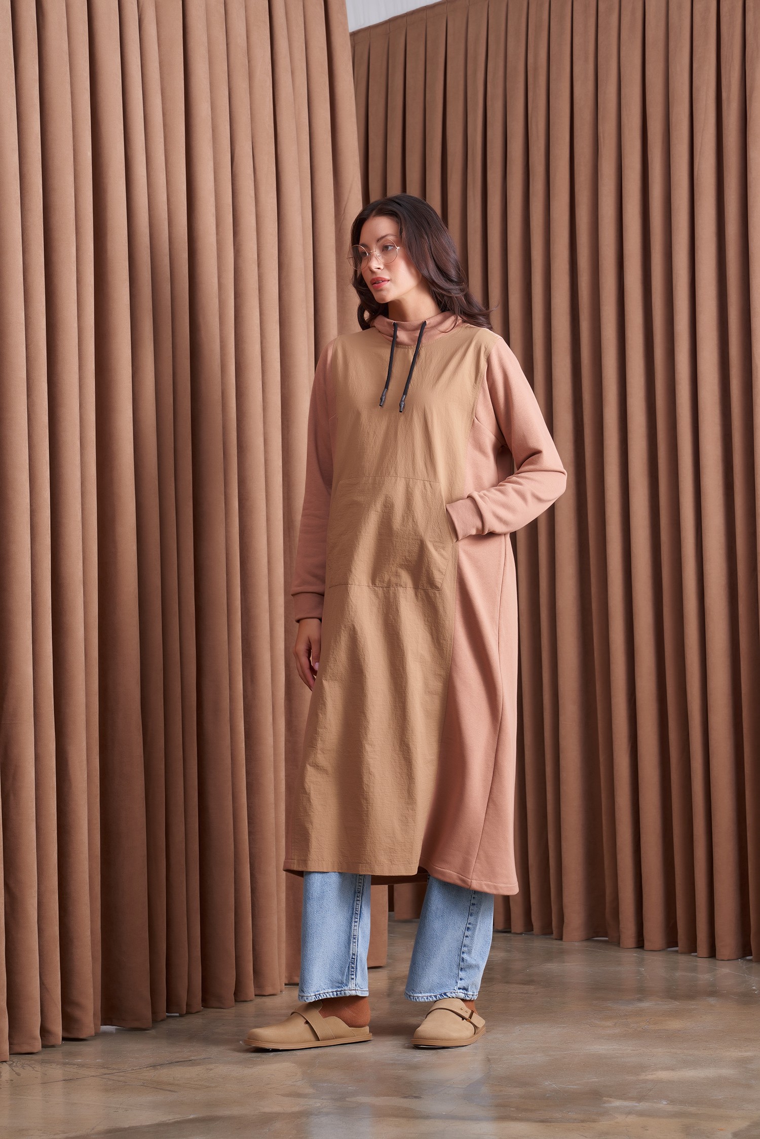 Qanu Garnili Uzun Sweatshirt Camel 