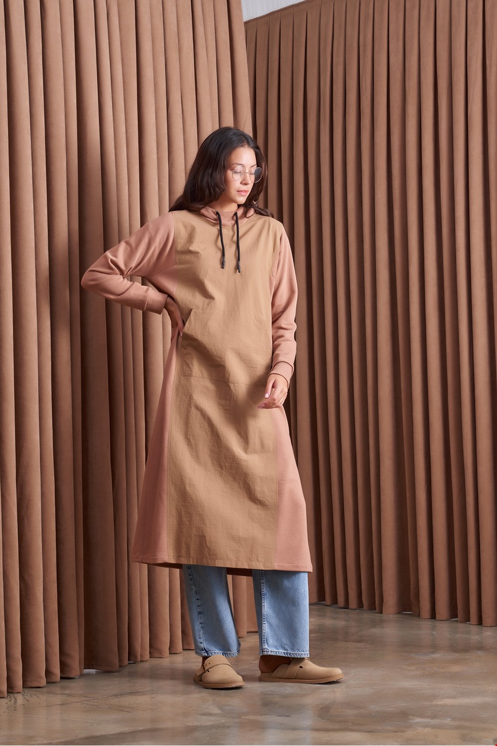 Qanu Garnili Uzun Sweatshirt Camel 