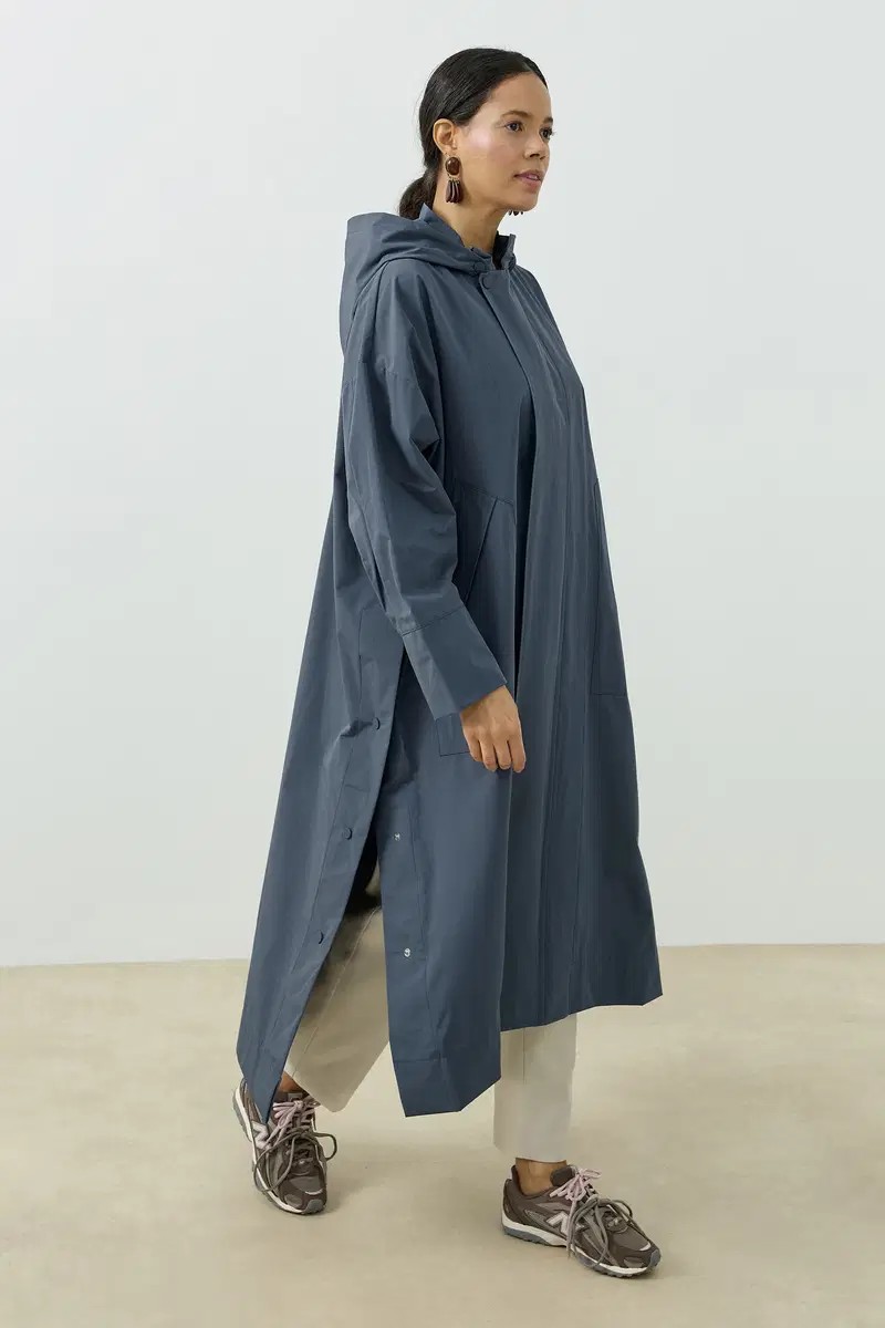 Qanu Kapüşonlu Oversize Yağmurluk İndigo