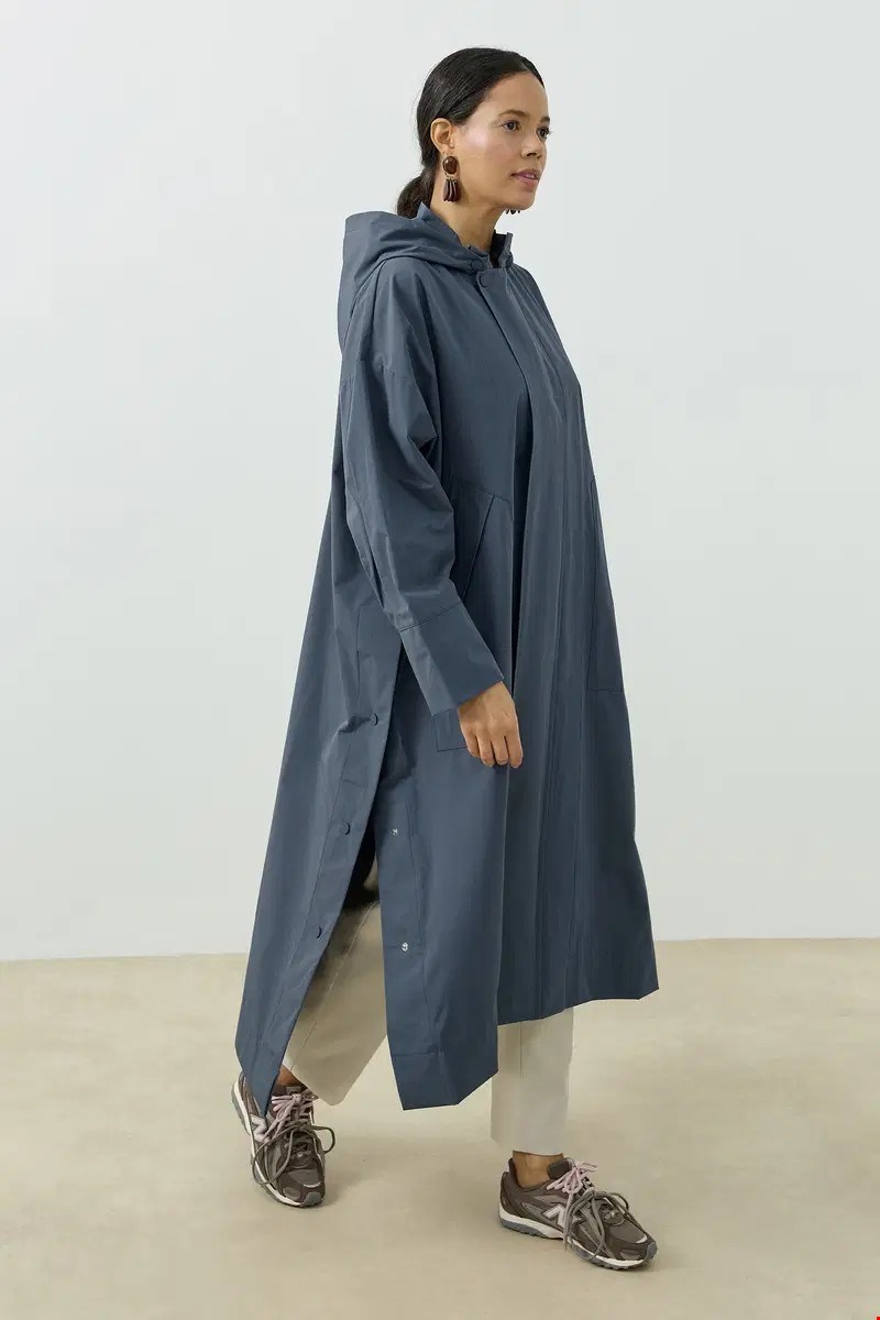 Qanu Kapüşonlu Oversize Yağmurluk İndigo