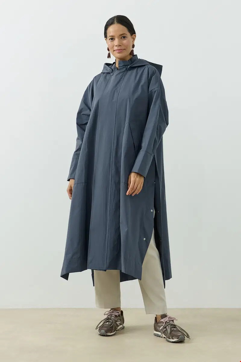 Qanu Kapüşonlu Oversize Yağmurluk İndigo