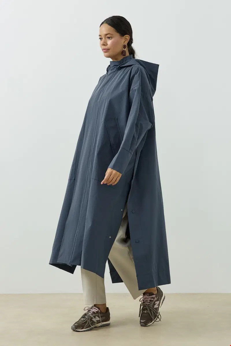 Qanu Kapüşonlu Oversize Yağmurluk İndigo