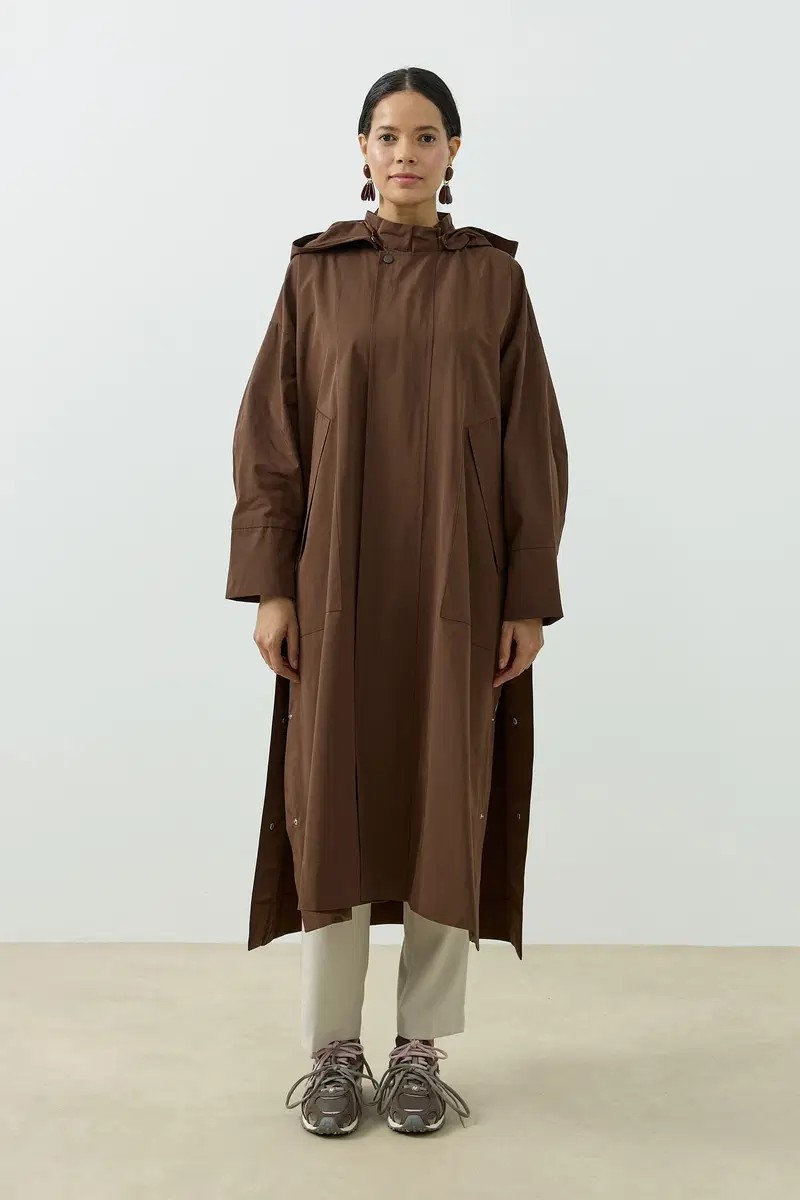 Qanu Kapüşonlu Oversize Yağmurluk Kahverengi