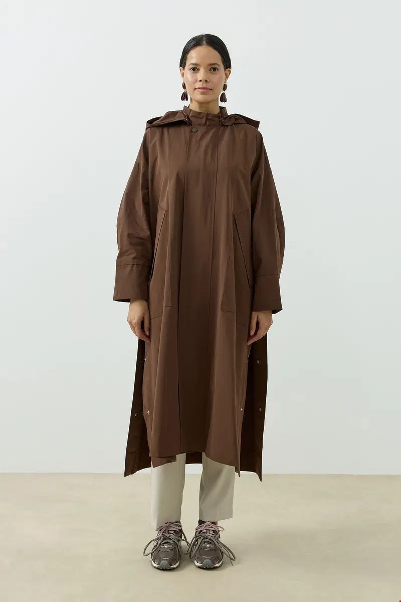 Qanu Kapüşonlu Oversize Yağmurluk Kahverengi