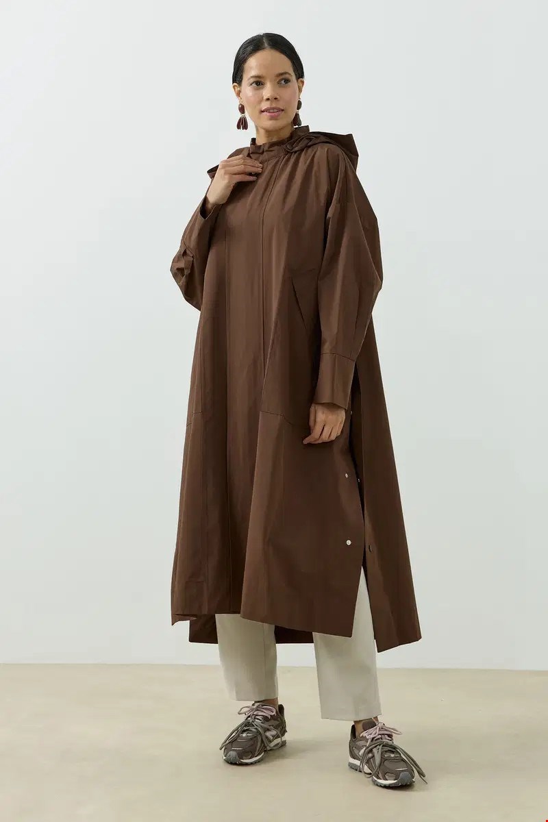 Qanu Kapüşonlu Oversize Yağmurluk Kahverengi
