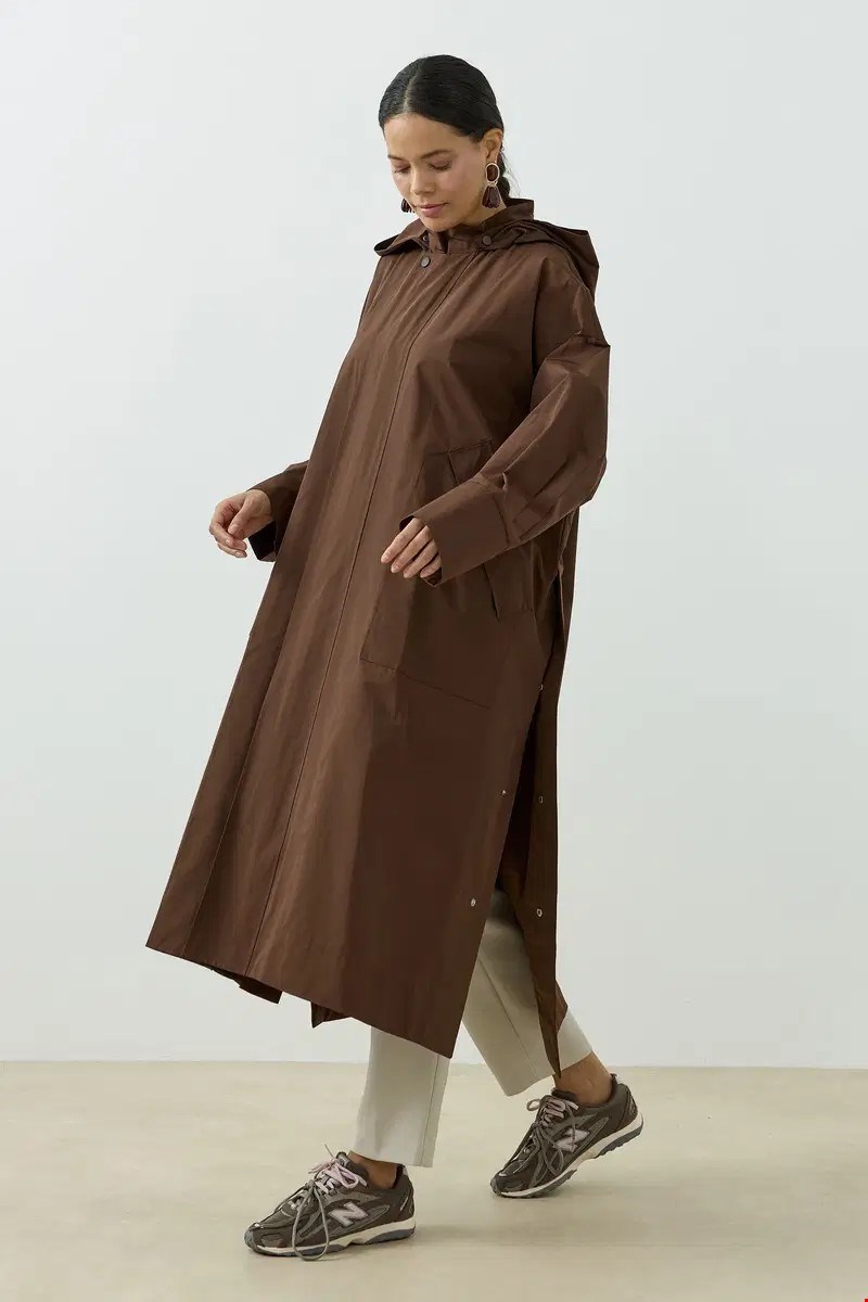 Qanu Kapüşonlu Oversize Yağmurluk Kahverengi