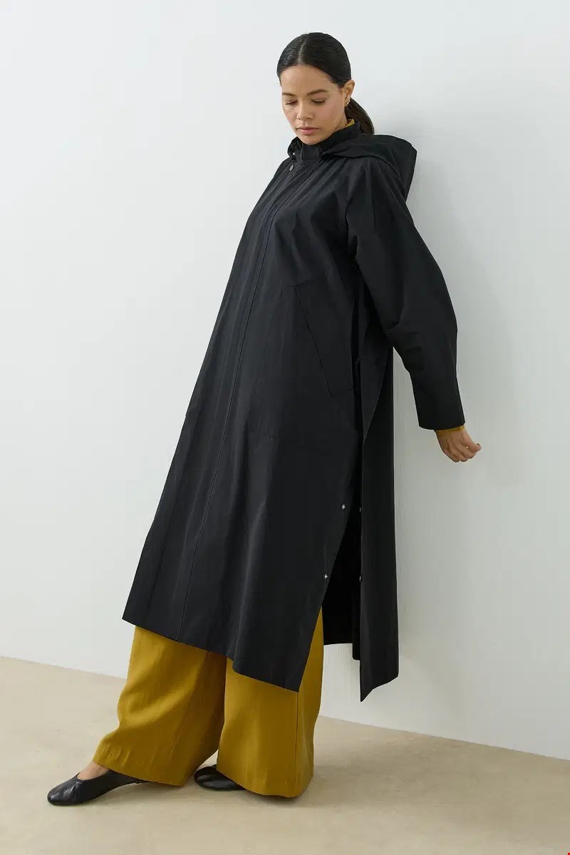 Qanu Kapüşonlu Oversize Yağmurluk Siyah
