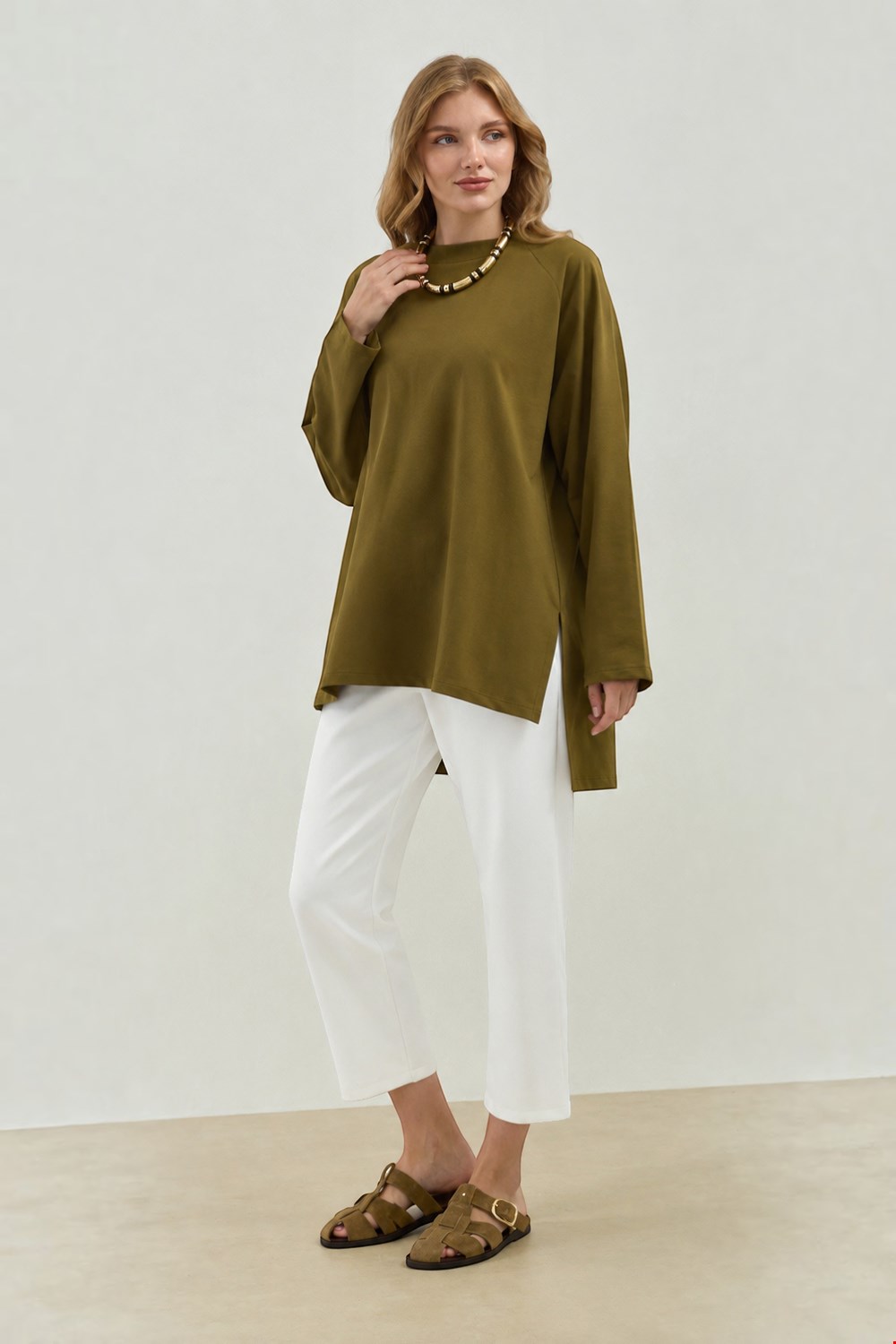 Qanu Nilda İnce Sweatshirt Yağ Yeşili