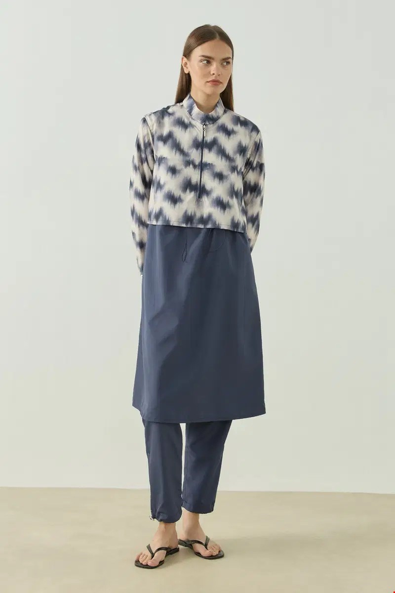 Qanu Pattern Tesettür Mayo Tunik Mavi