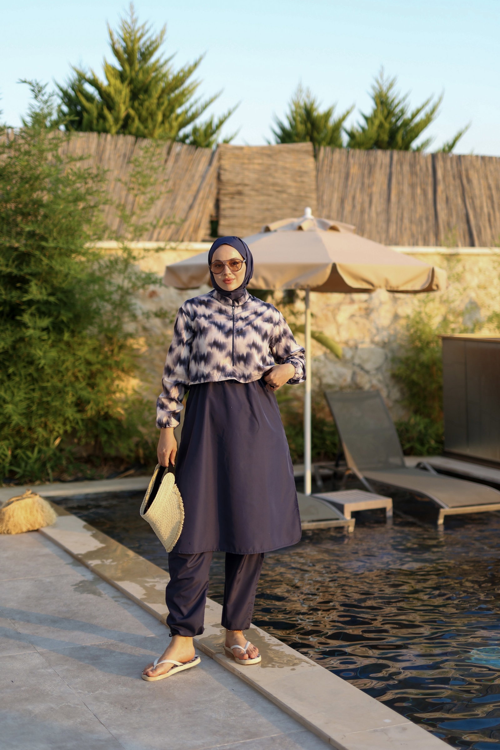 Qanu Pattern Tesettür Mayo Tunik Mavi