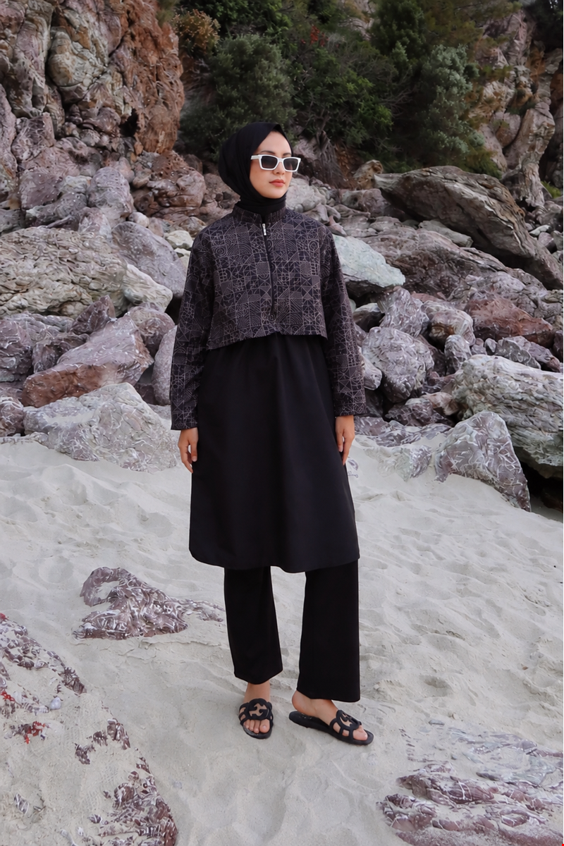 Qanu Pattern Tesettür Mayo Tunik Siyah