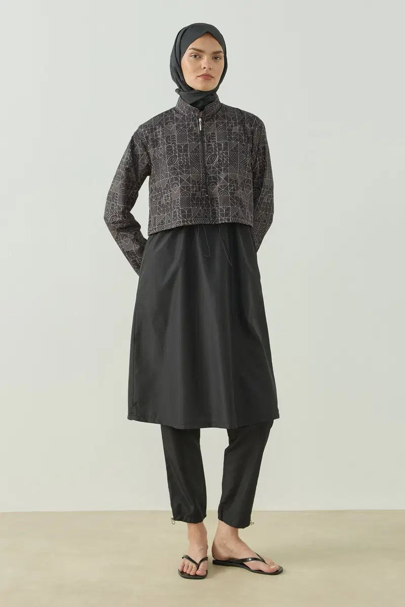 Qanu Pattern Tesettür Mayo Tunik Siyah