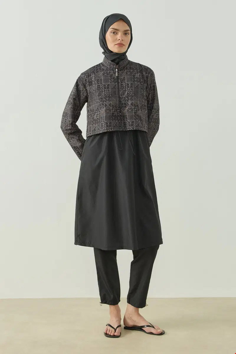 Qanu Pattern Tesettür Mayo Tunik Siyah