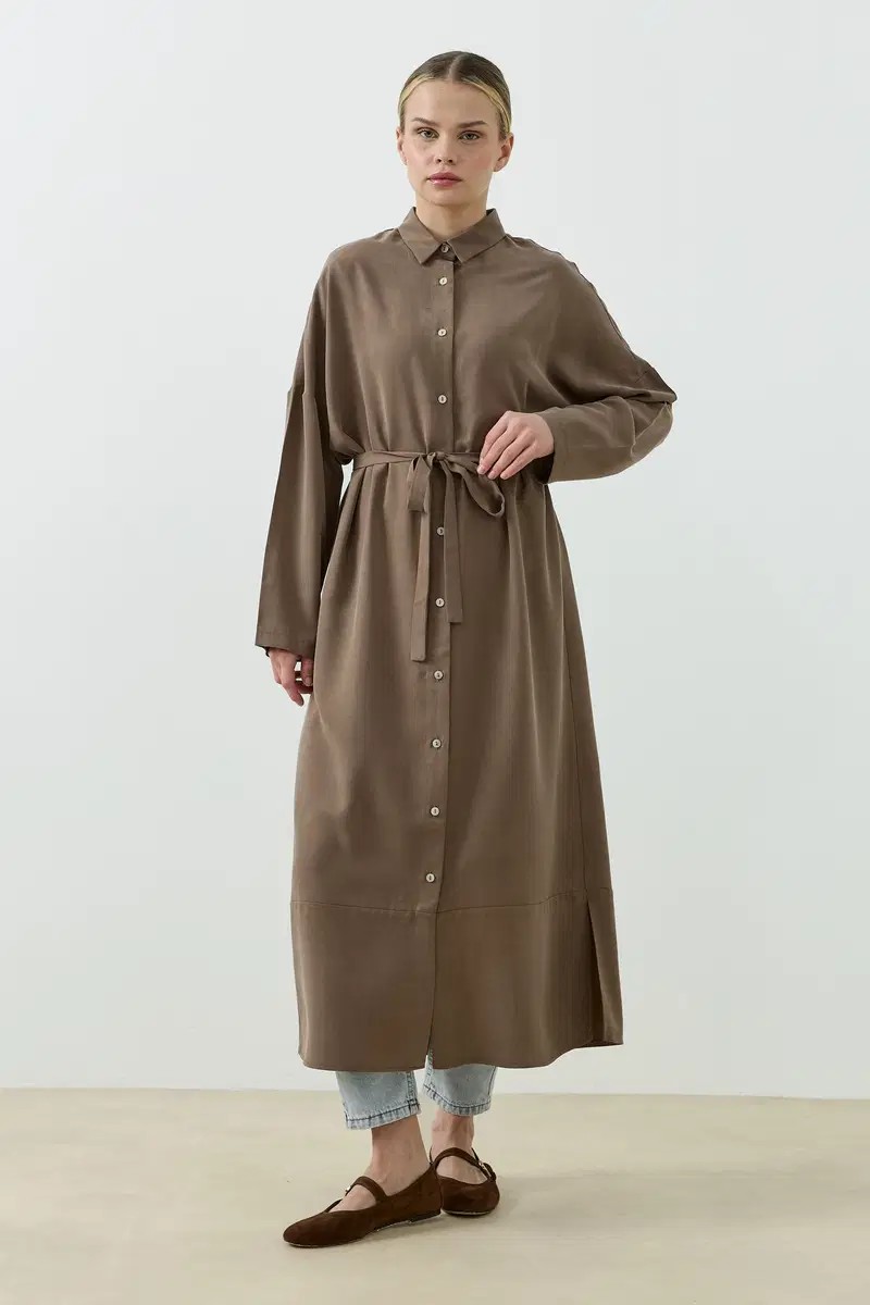 Qanu Tensel Oversize Gömlek Kahverengi