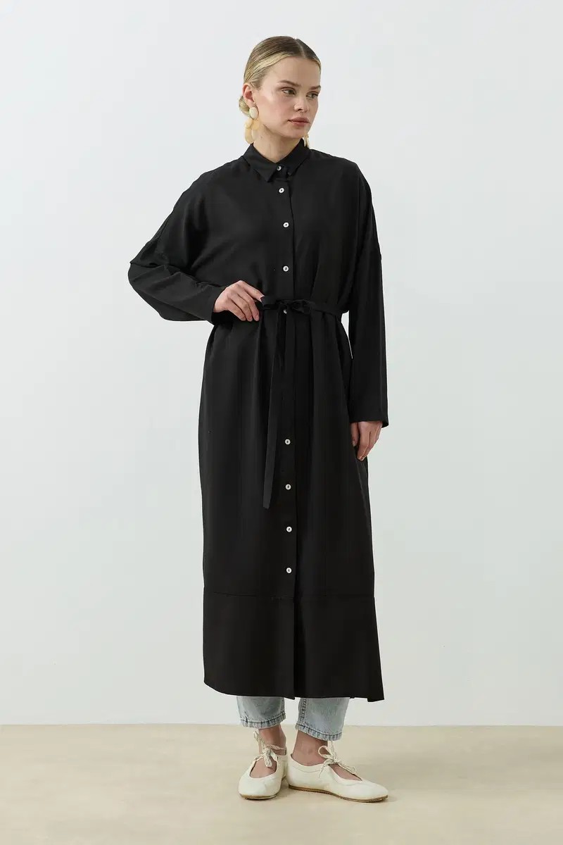 Qanu Tensel Oversize Gömlek Siyah