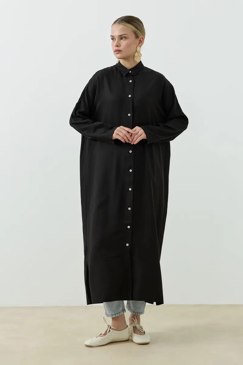 Qanu Tensel Oversize Gömlek Siyah