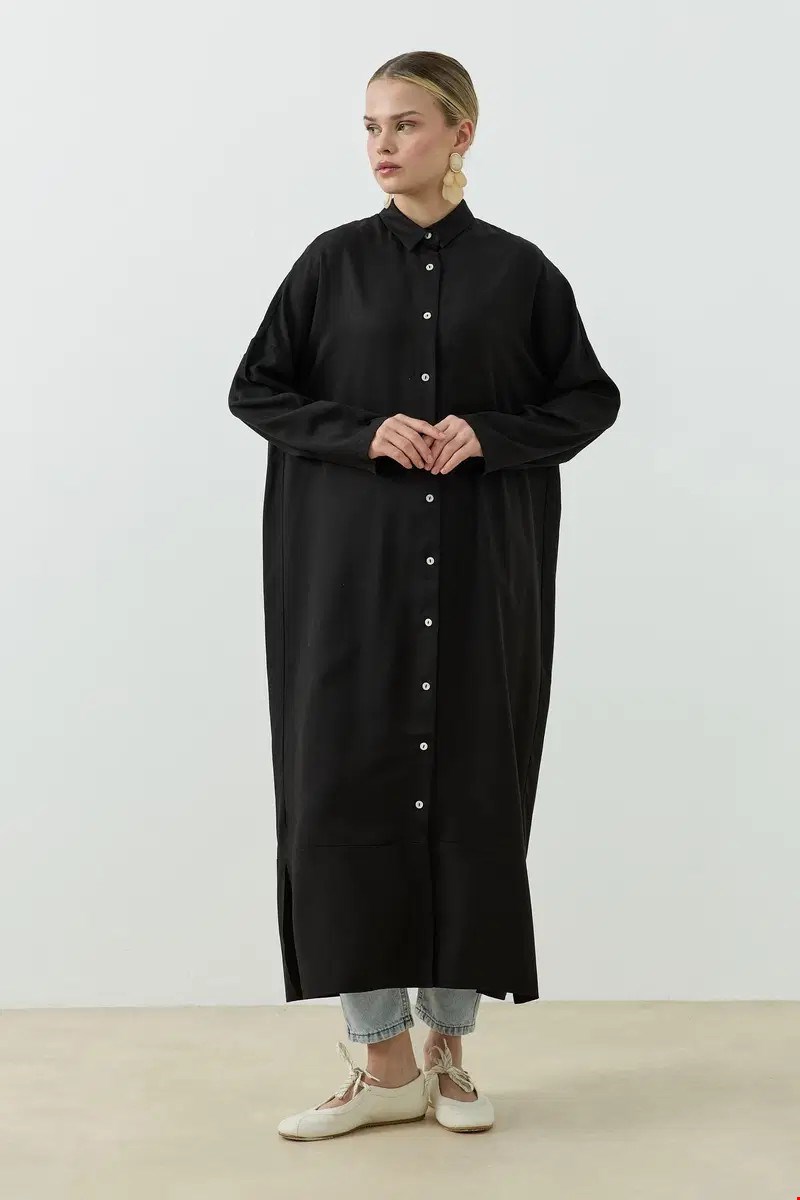 Qanu Tensel Oversize Gömlek Siyah