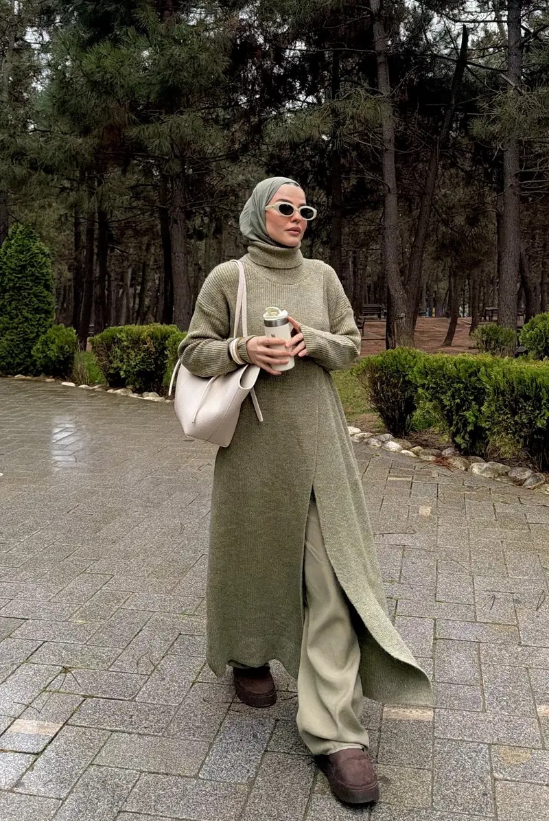 Qanu Yırtmaçlı Triko Tunik Çağla Yeşili