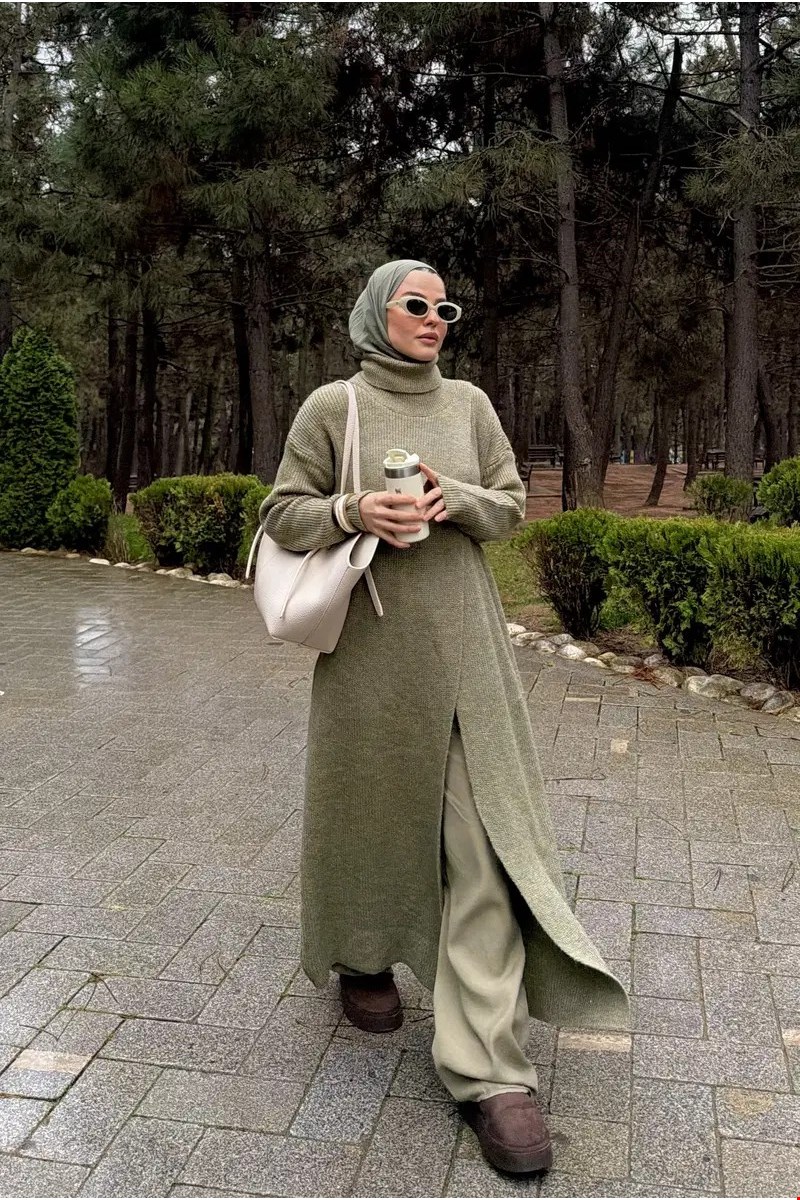 Qanu Yırtmaçlı Triko Tunik Çağla Yeşili