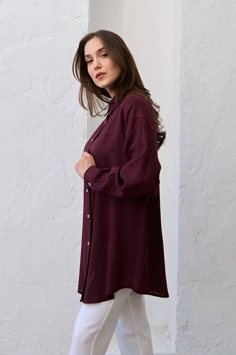 Qanu Keten Kısa Gömlek Bordo