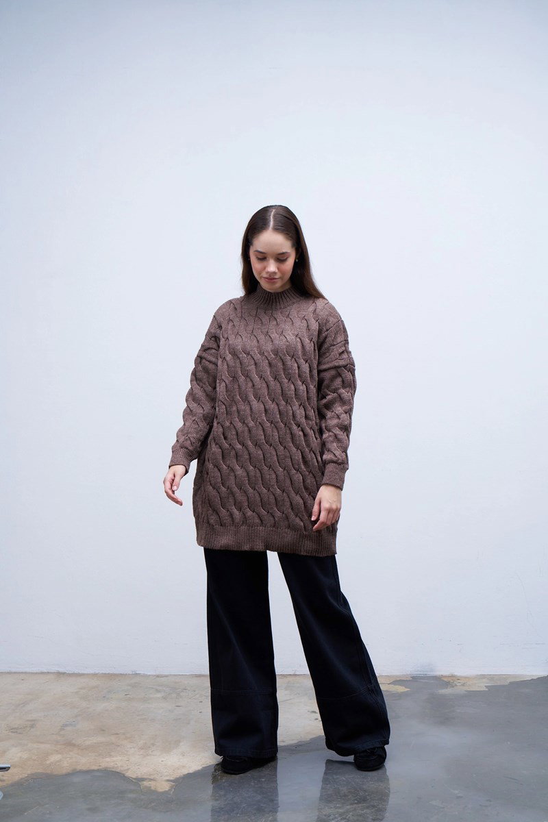 Qanu Örgülü Kazak Kahverengi 