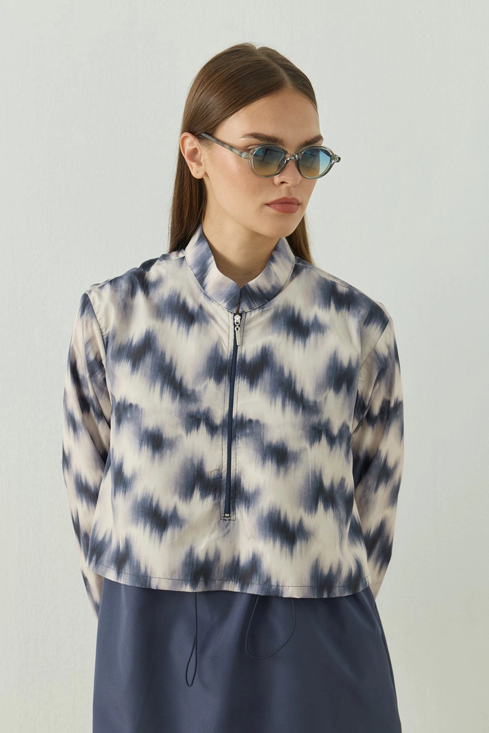 Qanu Pattern Tesettür Mayo Tunik Mavi