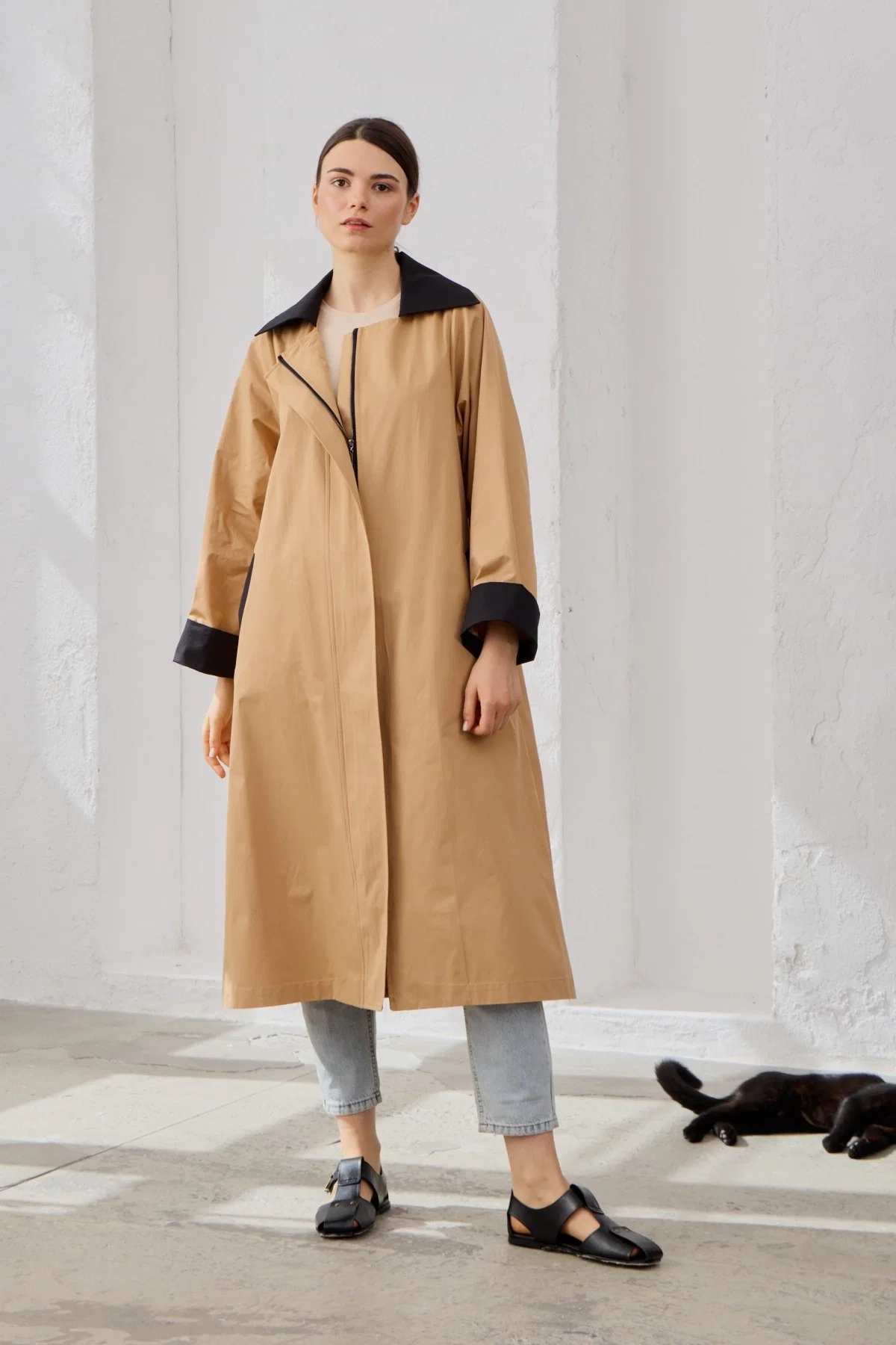 Qanu Special Trençkot Siyah-Camel 